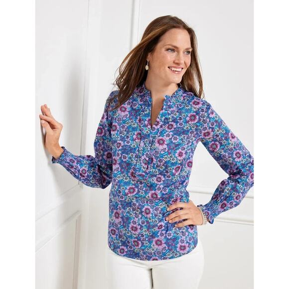 Talbots Smocked Cuff Ruffle Blouse Sz M Blooming Floral Long Sleeve Split V-Neck - Picture 1 of 9